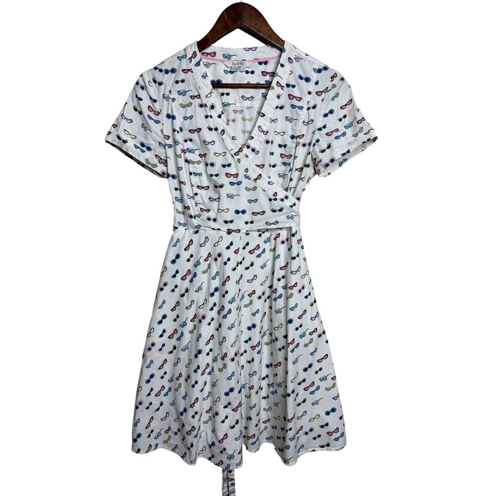 Boden Colorful Sunglasses Print Cotton Wrap Fit & Flare Dress UK 10 US 6